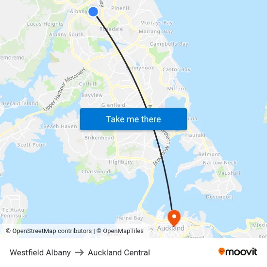 Westfield Albany to Auckland Central map