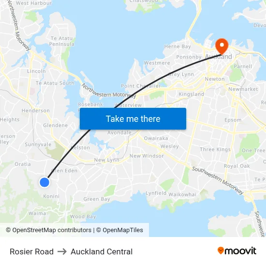 Rosier Road to Auckland Central map