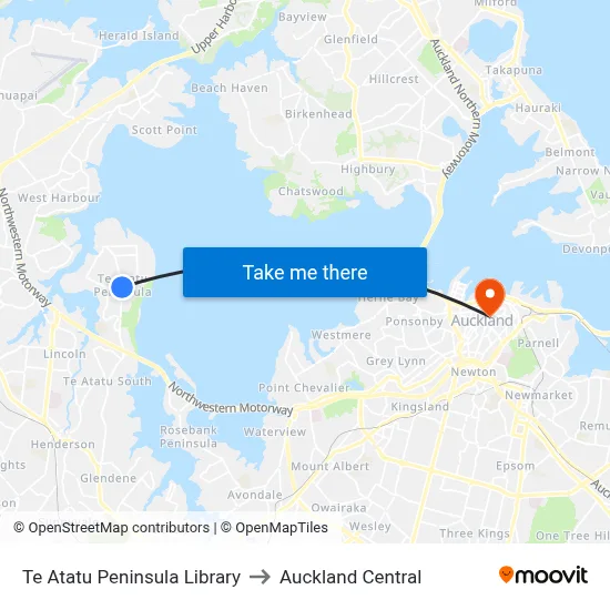 Te Atatu Peninsula Library to Auckland Central map