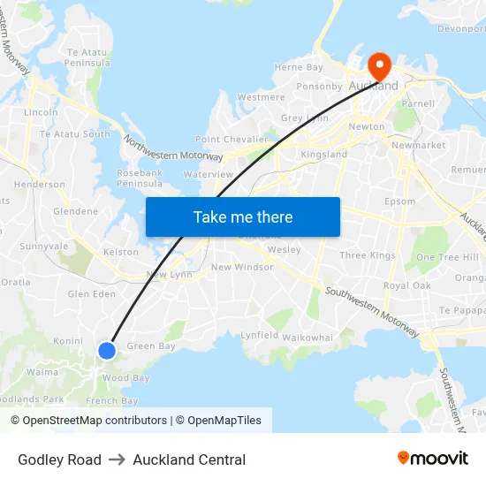 Godley Road to Auckland Central map