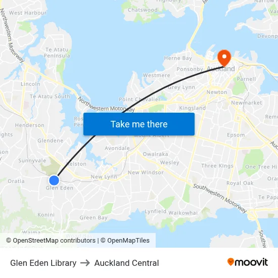 Glen Eden Library to Auckland Central map
