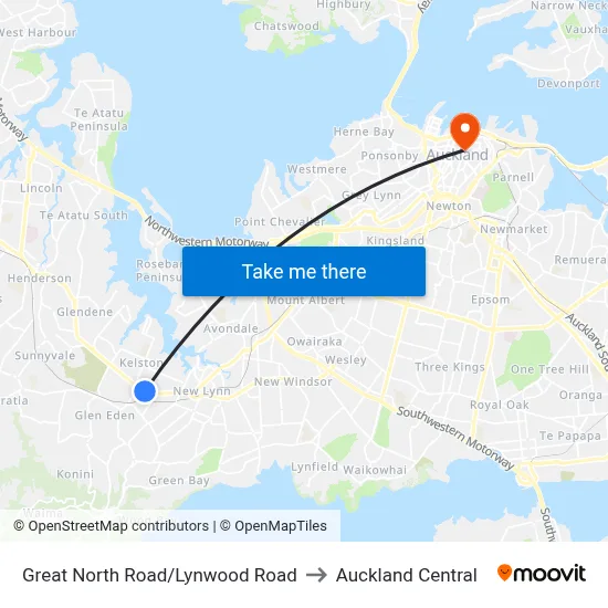 Great North Road/Lynwood Road to Auckland Central map