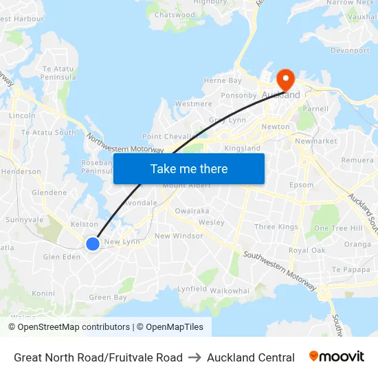 Great North Road/Fruitvale Road to Auckland Central map