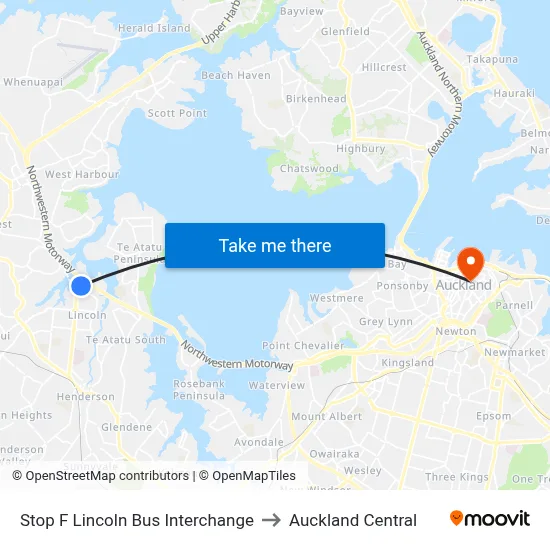 Stop F Lincoln Bus Interchange to Auckland Central map