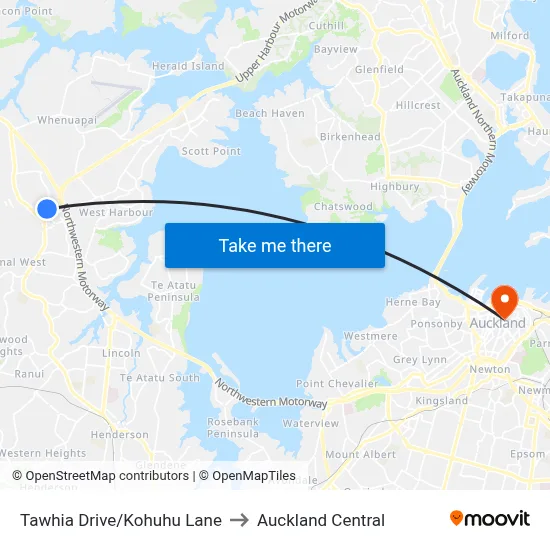 Tawhia Drive/Kohuhu Lane to Auckland Central map
