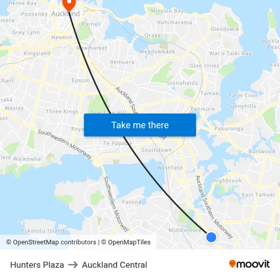 Hunters Plaza to Auckland Central map