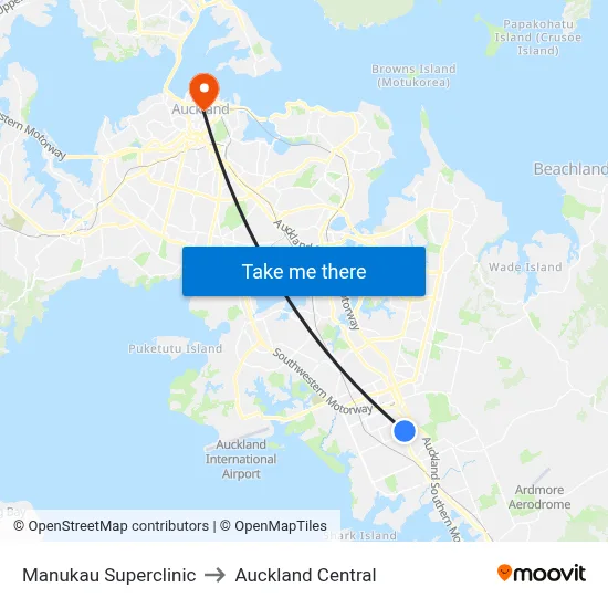 Manukau Superclinic to Auckland Central map