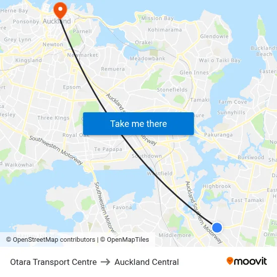 Otara Transport Centre to Auckland Central map