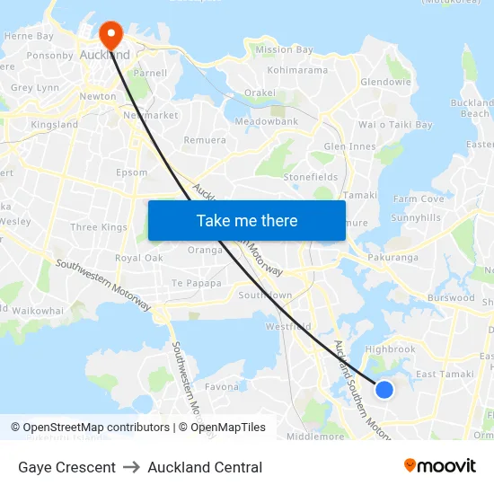 Gaye Crescent to Auckland Central map