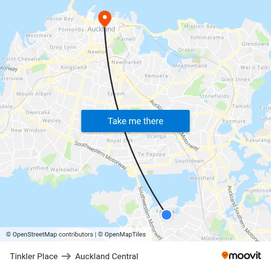 Tinkler Place to Auckland Central map