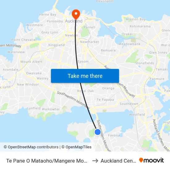 Te Pane O Mataoho/Mangere Mountain to Auckland Central map