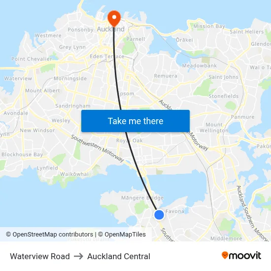 Waterview Road to Auckland Central map