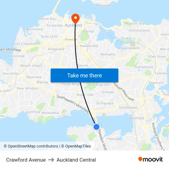 Crawford Avenue to Auckland Central map