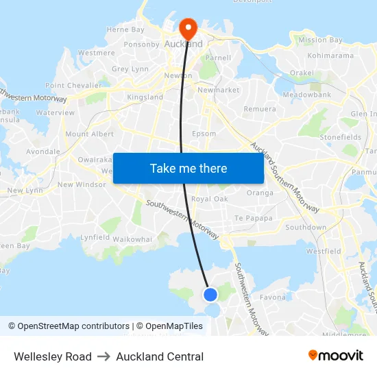Wellesley Road to Auckland Central map