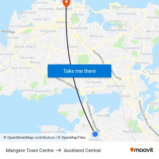 Mangere Town Centre to Auckland Central map