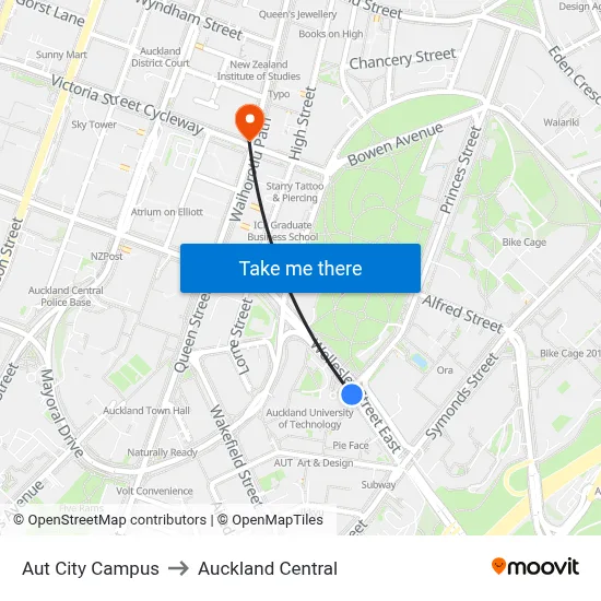 Aut City Campus to Auckland Central map