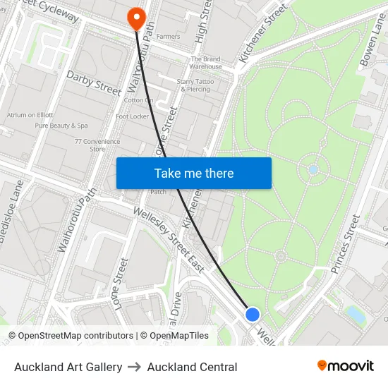 Auckland Art Gallery to Auckland Central map