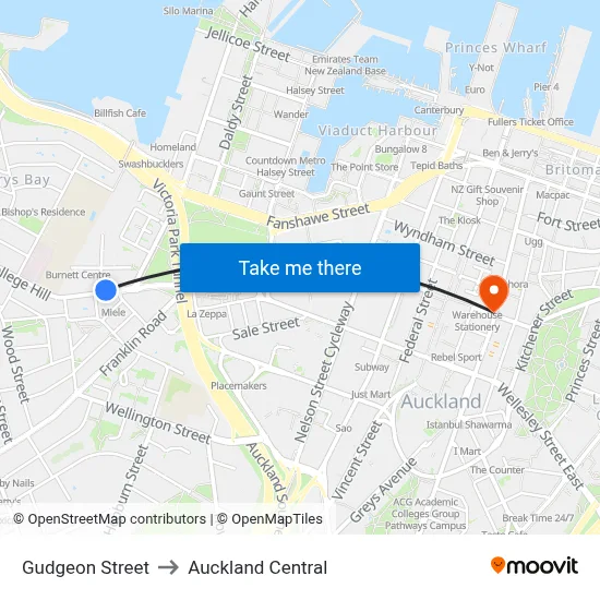 Gudgeon Street to Auckland Central map
