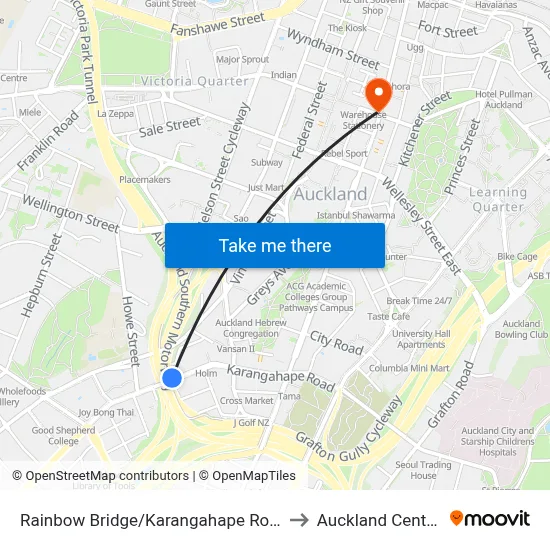 Rainbow Bridge/Karangahape Road to Auckland Central map