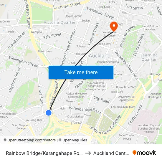 Rainbow Bridge/Karangahape Road to Auckland Central map
