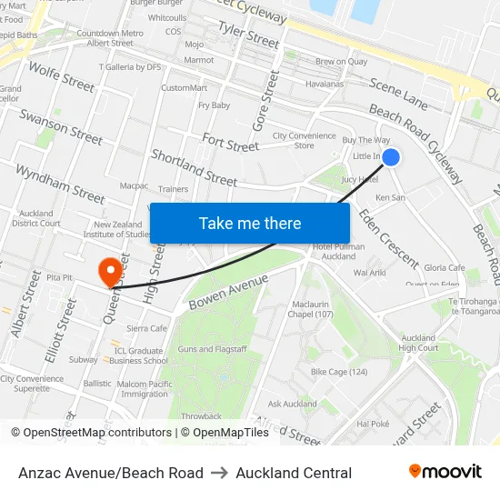 Anzac Avenue/Beach Road to Auckland Central map