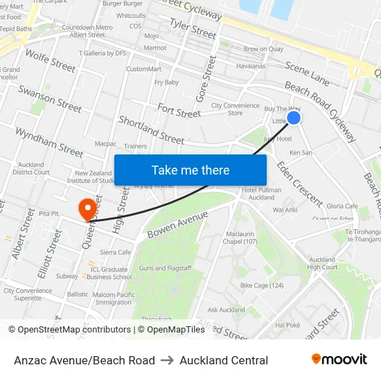 Anzac Avenue/Beach Road to Auckland Central map