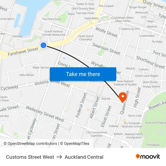 Customs Street West to Auckland Central map