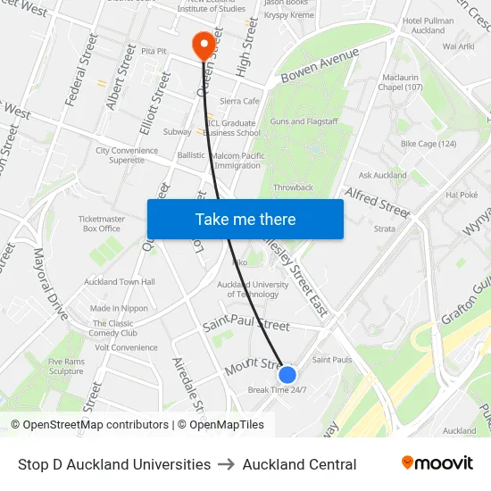 Stop D Auckland Universities to Auckland Central map
