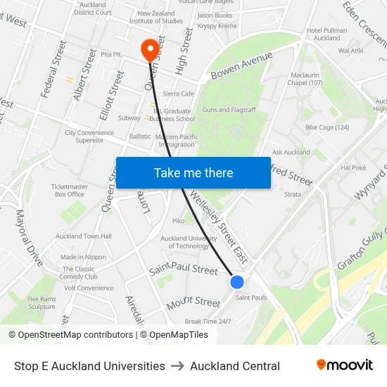 Stop E Auckland Universities to Auckland Central map