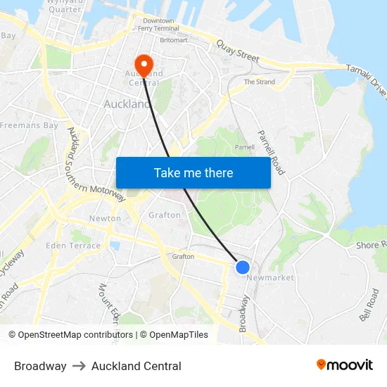 Broadway to Auckland Central map