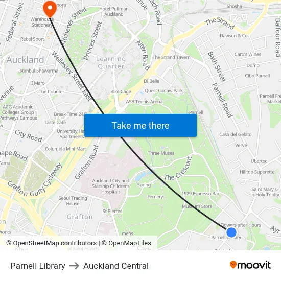Parnell Library to Auckland Central map