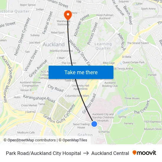 Park Road/Auckland City Hospital to Auckland Central map