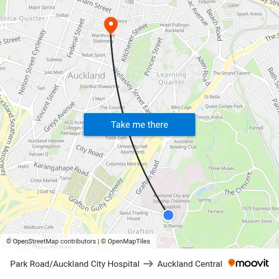 Park Road/Auckland City Hospital to Auckland Central map