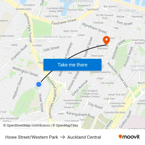 Howe Street/Western Park to Auckland Central map