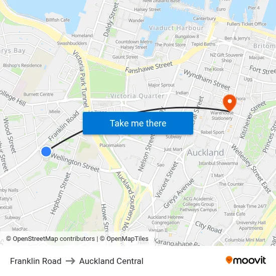 Franklin Road to Auckland Central map