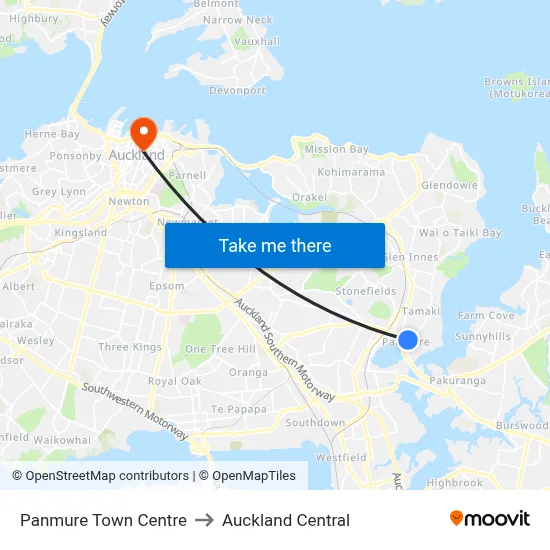 Panmure Town Centre to Auckland Central map