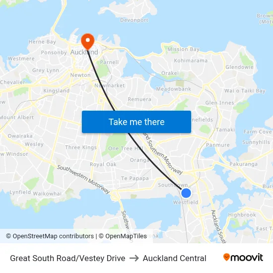 Great South Road/Vestey Drive to Auckland Central map