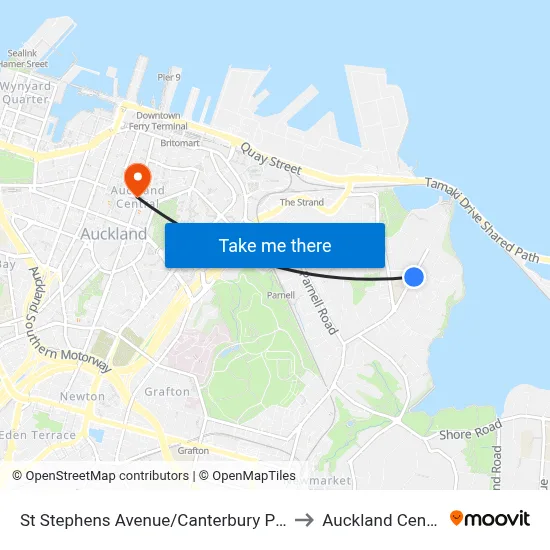 St Stephens Avenue/Canterbury Place to Auckland Central map