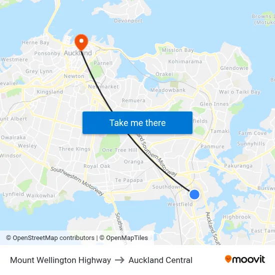 Mount Wellington Highway to Auckland Central map