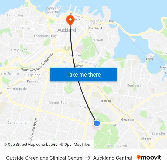 Outside Greenlane Clinical Centre to Auckland Central map