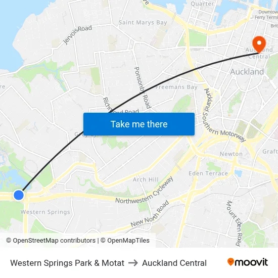Western Springs Park & Motat to Auckland Central map