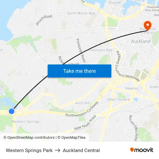 Western Springs Park to Auckland Central map