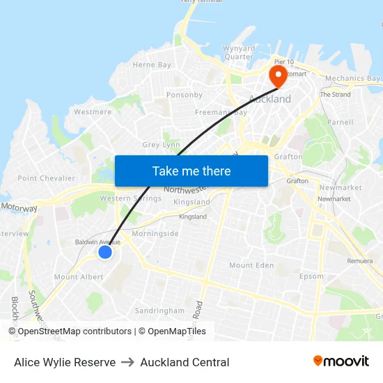 Alice Wylie Reserve to Auckland Central map
