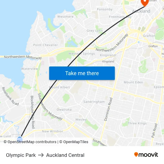 Olympic Park to Auckland Central map