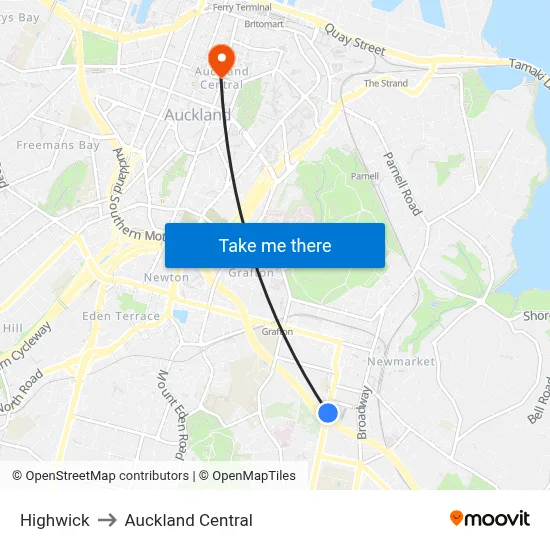 Highwick to Auckland Central map