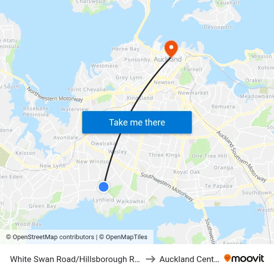 White Swan Road/Hillsborough Road to Auckland Central map