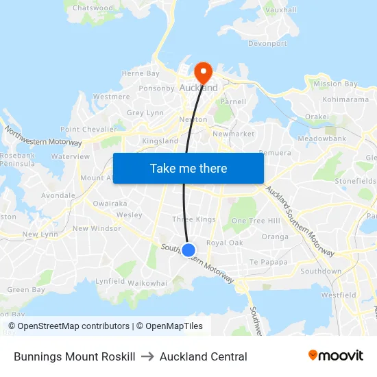 Bunnings Mount Roskill to Auckland Central map