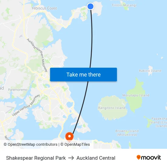 Shakespear Regional Park to Auckland Central map