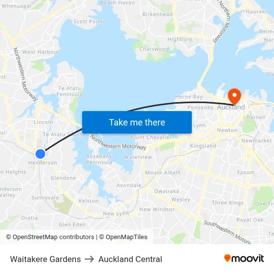 Waitakere Gardens to Auckland Central map