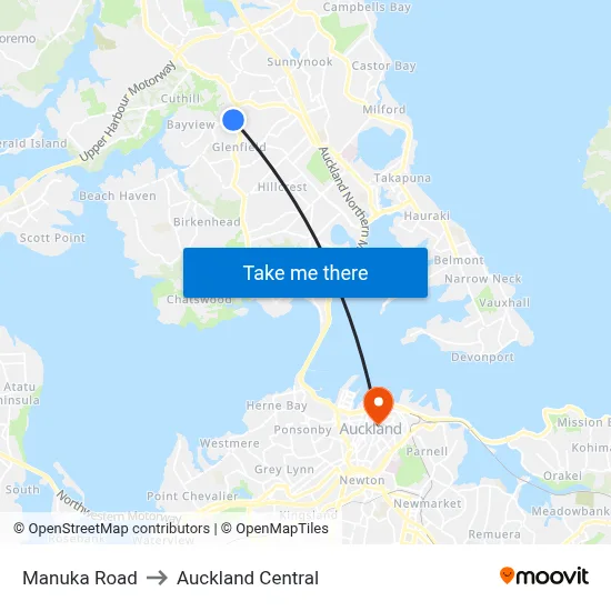Manuka Road to Auckland Central map